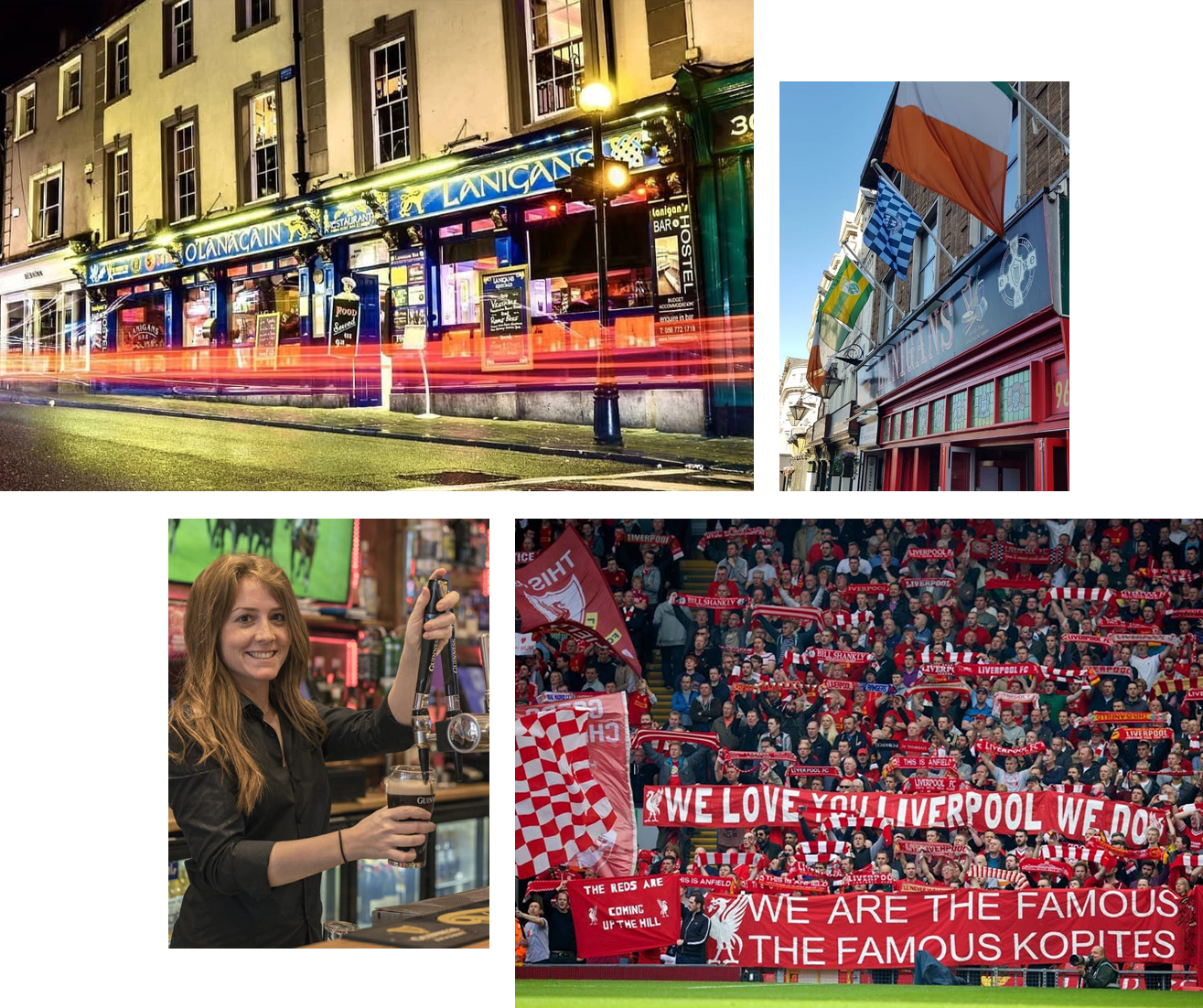 Lanigans bars, barmaid and Liverpool FC fans.